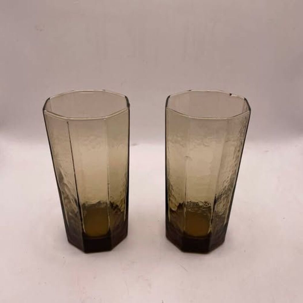 Set of 2 Vintage Amber Glass Octagonal Tumblers